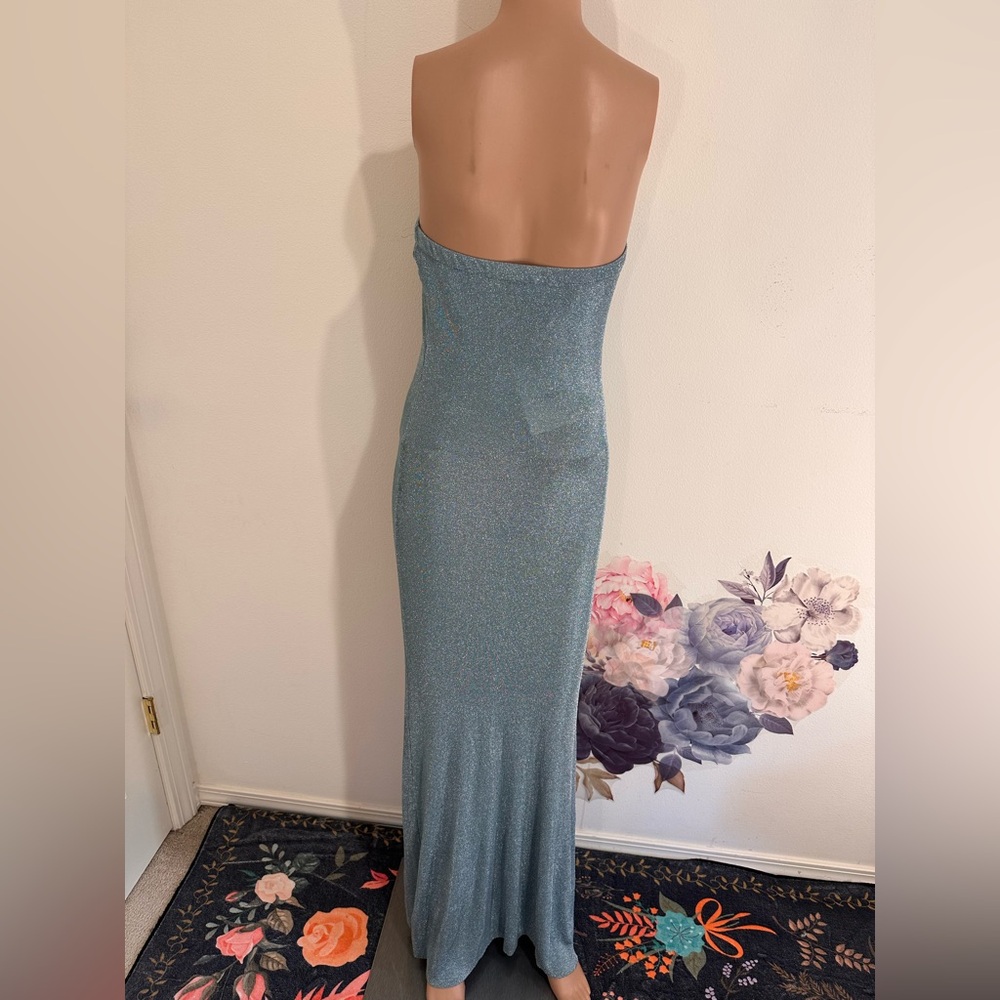 New SER.O.YA Narissa Metallic Knit Maxi Dress Sky Blue metallic, sheer strapless - Picture 6 of 10